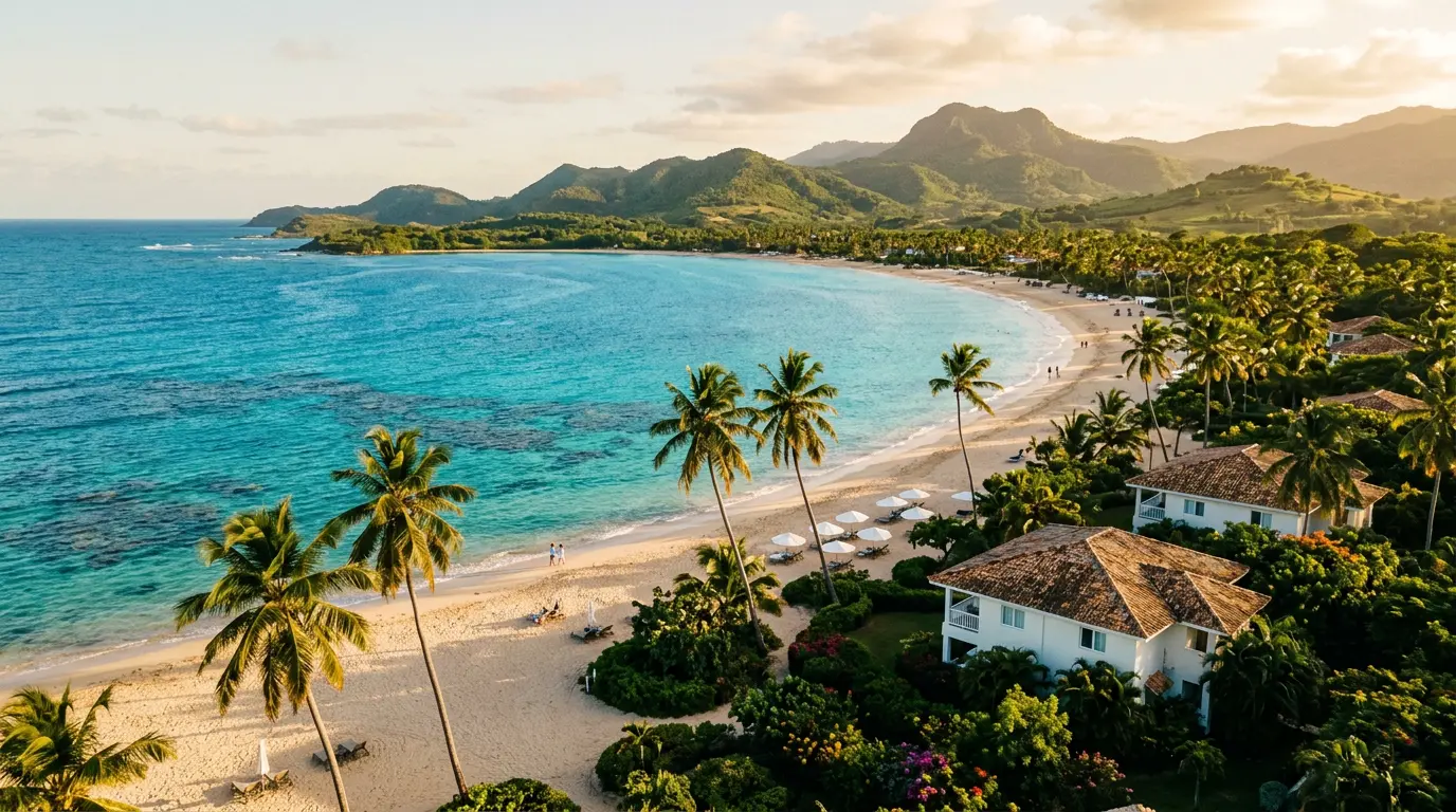 Plajă cu nisip fin și palmieri în Puerto Plata, Republica Dominicană, la apus