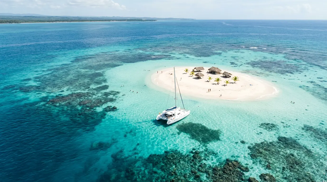 Catamaran alb ancorat lângă un banc de nisip turcoaz, Cayo Paraiso