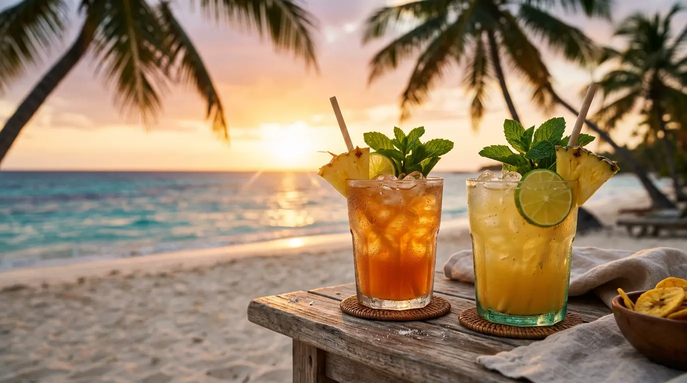 Cocktailuri cu rom pe o plajă din Caraibe la apus
